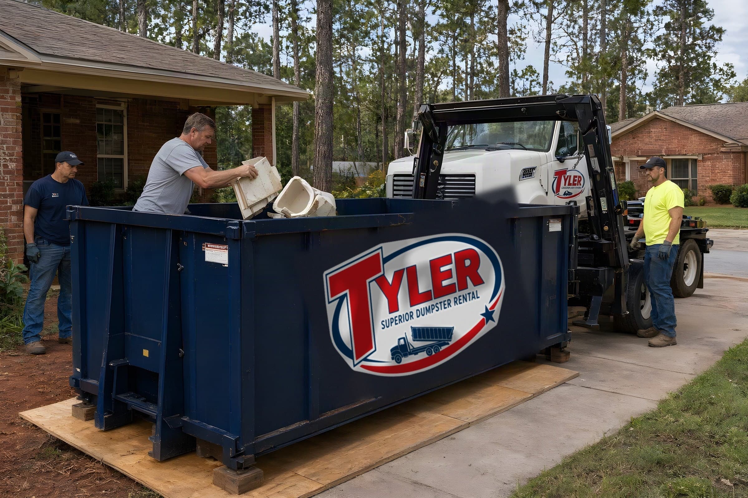 Homeowner tossing old bathroom tile into a low navy 15 yard dumpster on boards