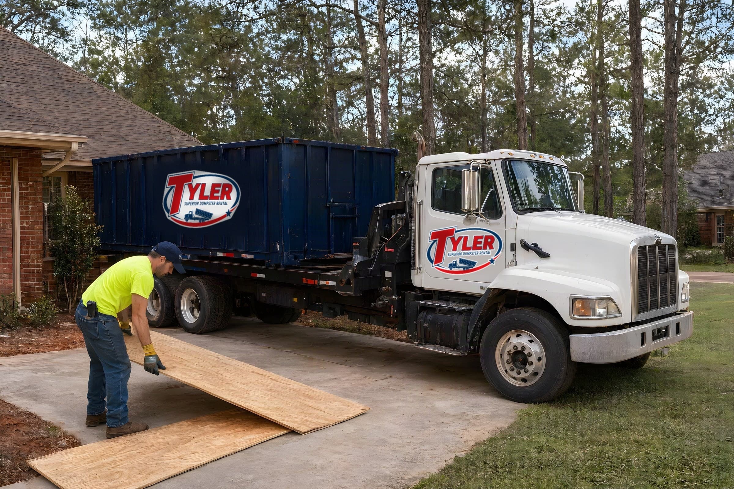 Driver laying plywood boards on a driveway before dropping a navy roll-off dumpster