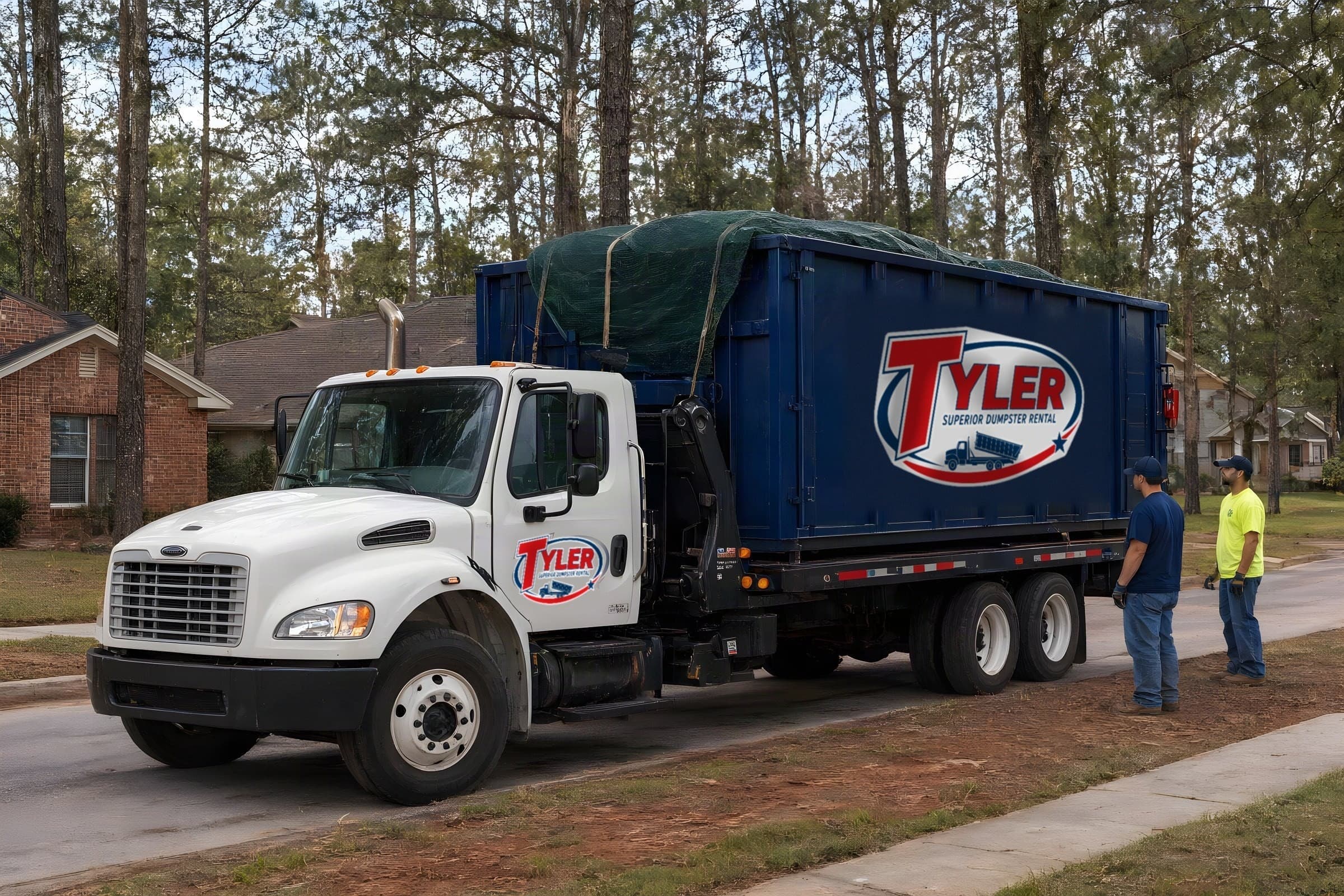 White roll-off truck hauling a tarped navy 30 yard dumpster down a pine-lined street