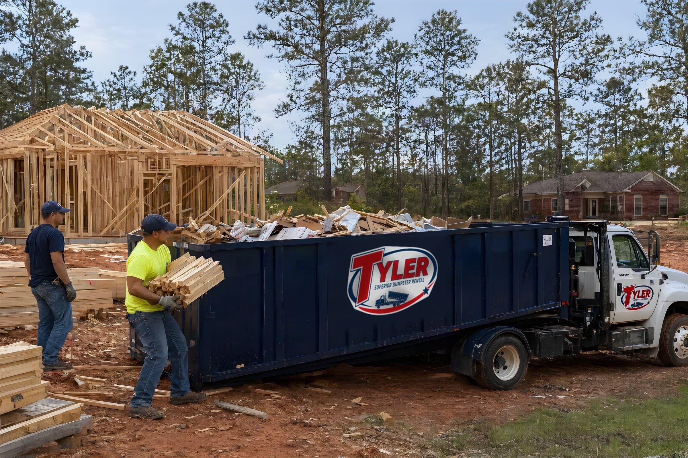 Worker carrying lumber scraps to a navy 40 yard roll-off dumpster on a new-build site