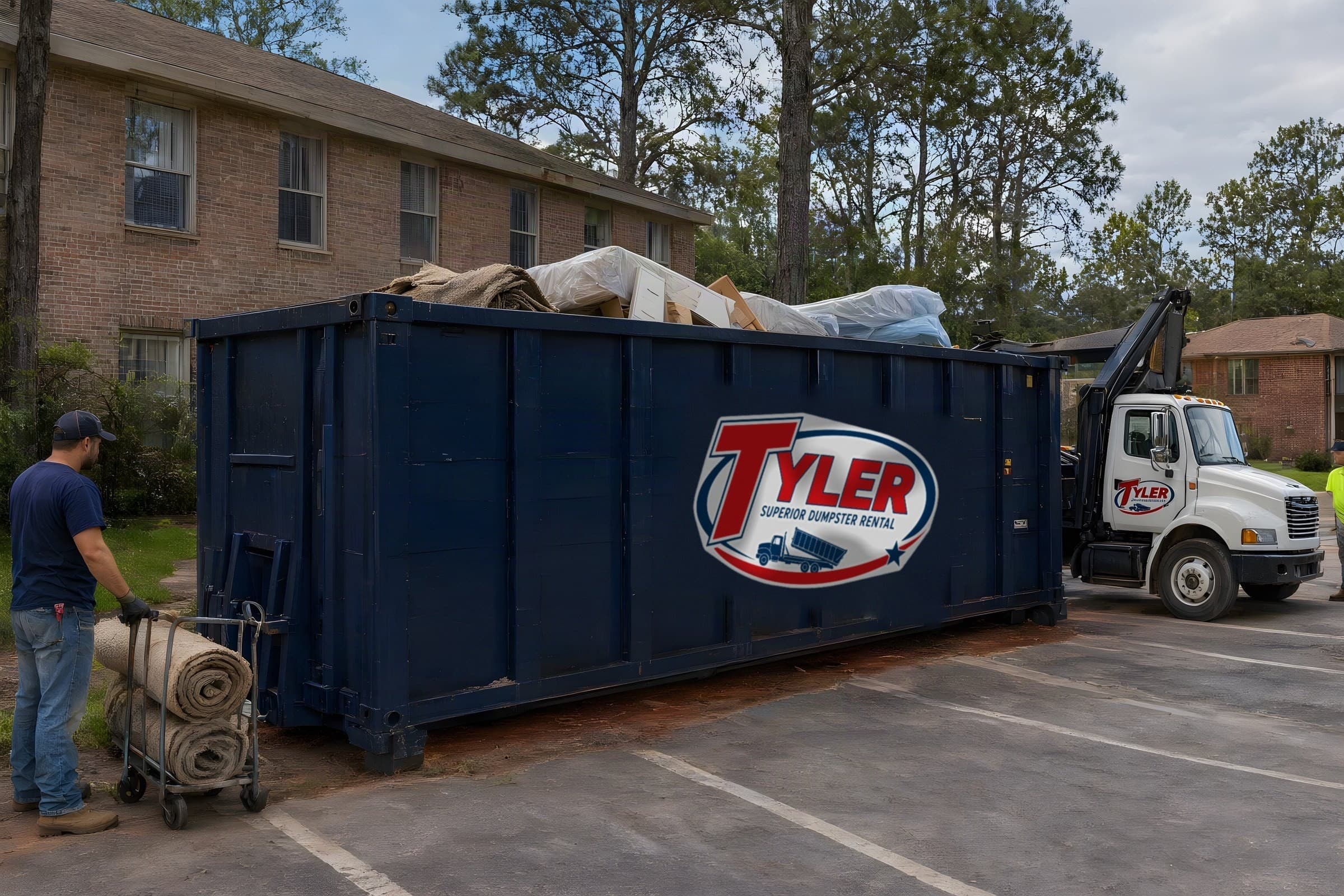Maintenance worker wheeling rolled carpet to a navy 40 yard dumpster behind an apartment building