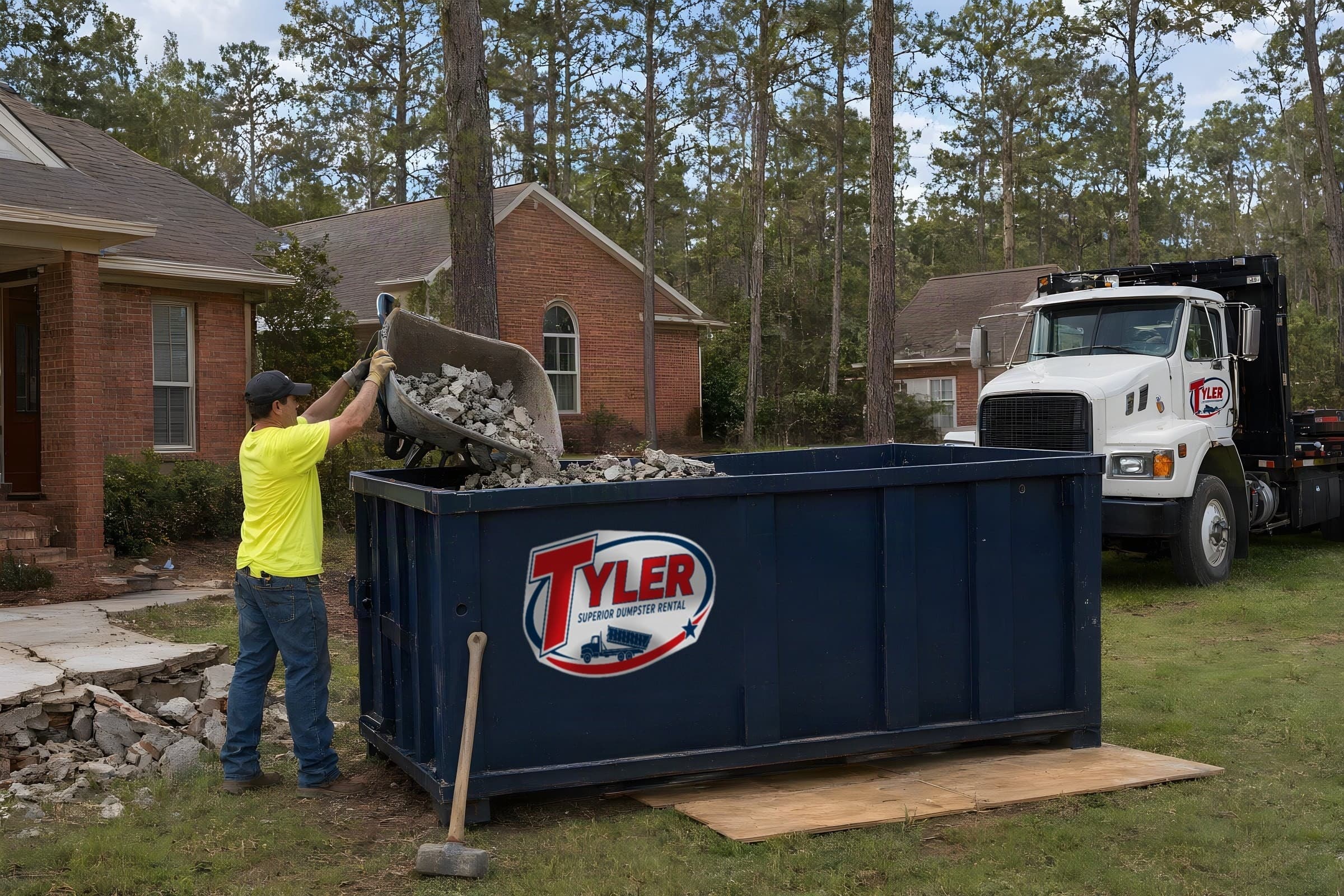 Worker tipping a wheelbarrow of broken concrete into a navy 15 yard dumpster on boards