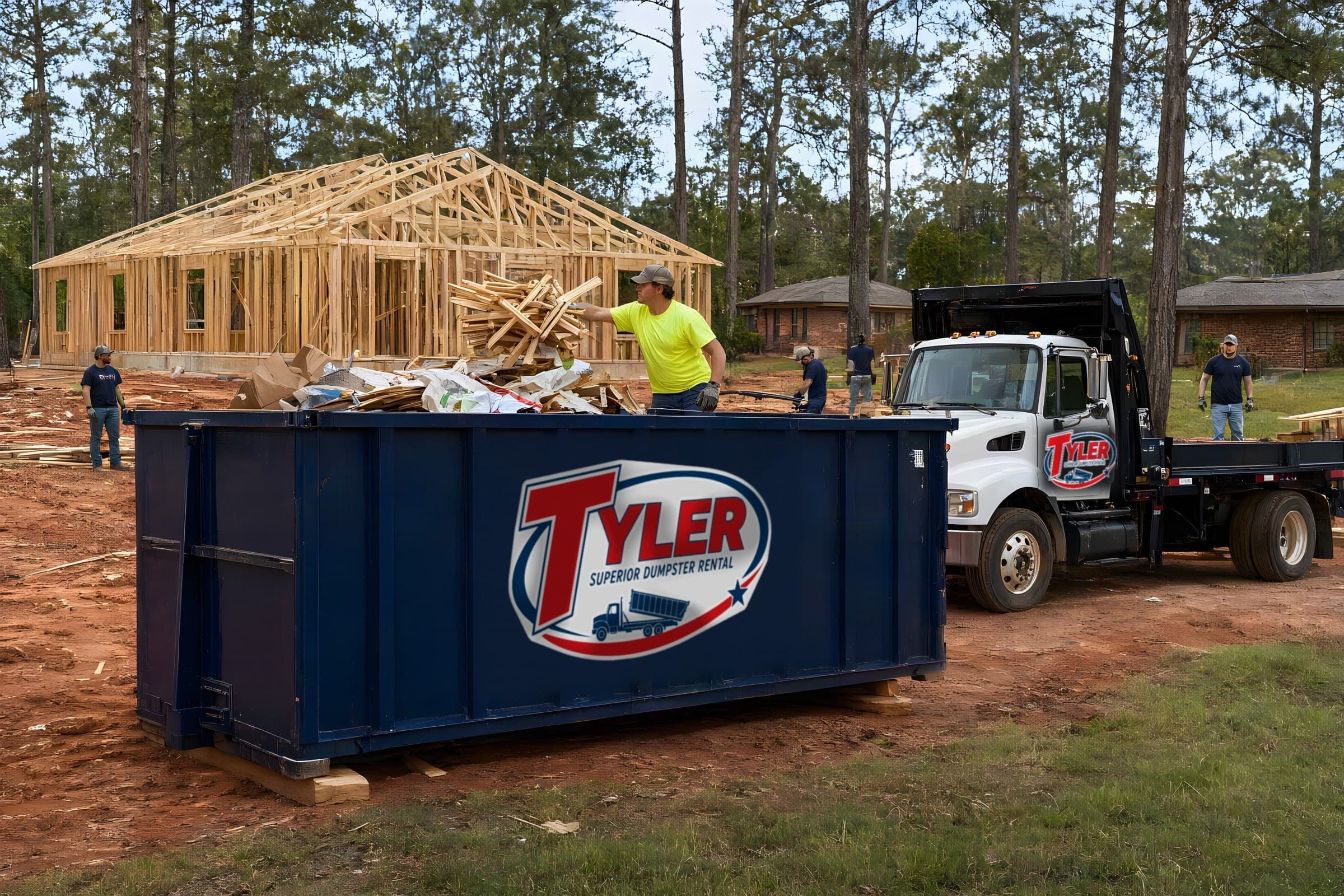 Framer tossing lumber scraps into a navy 30 yard dumpster beside a new house frame