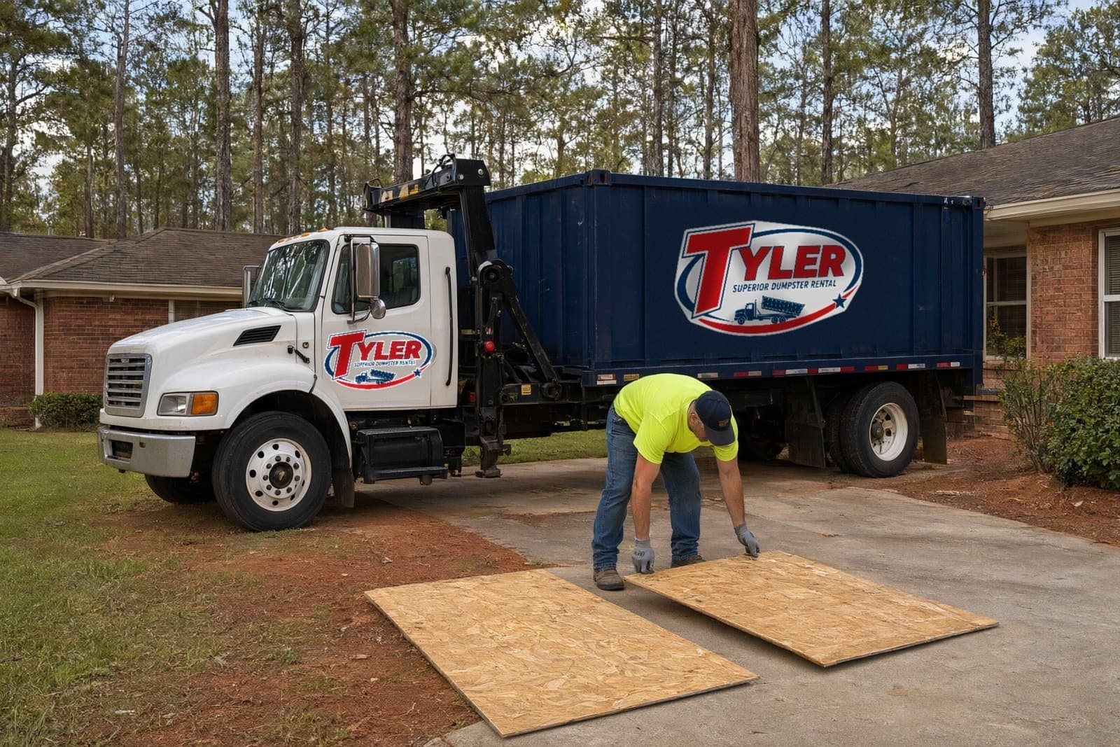 Driver setting plywood sheets on a concrete driveway in front of his roll-off truck