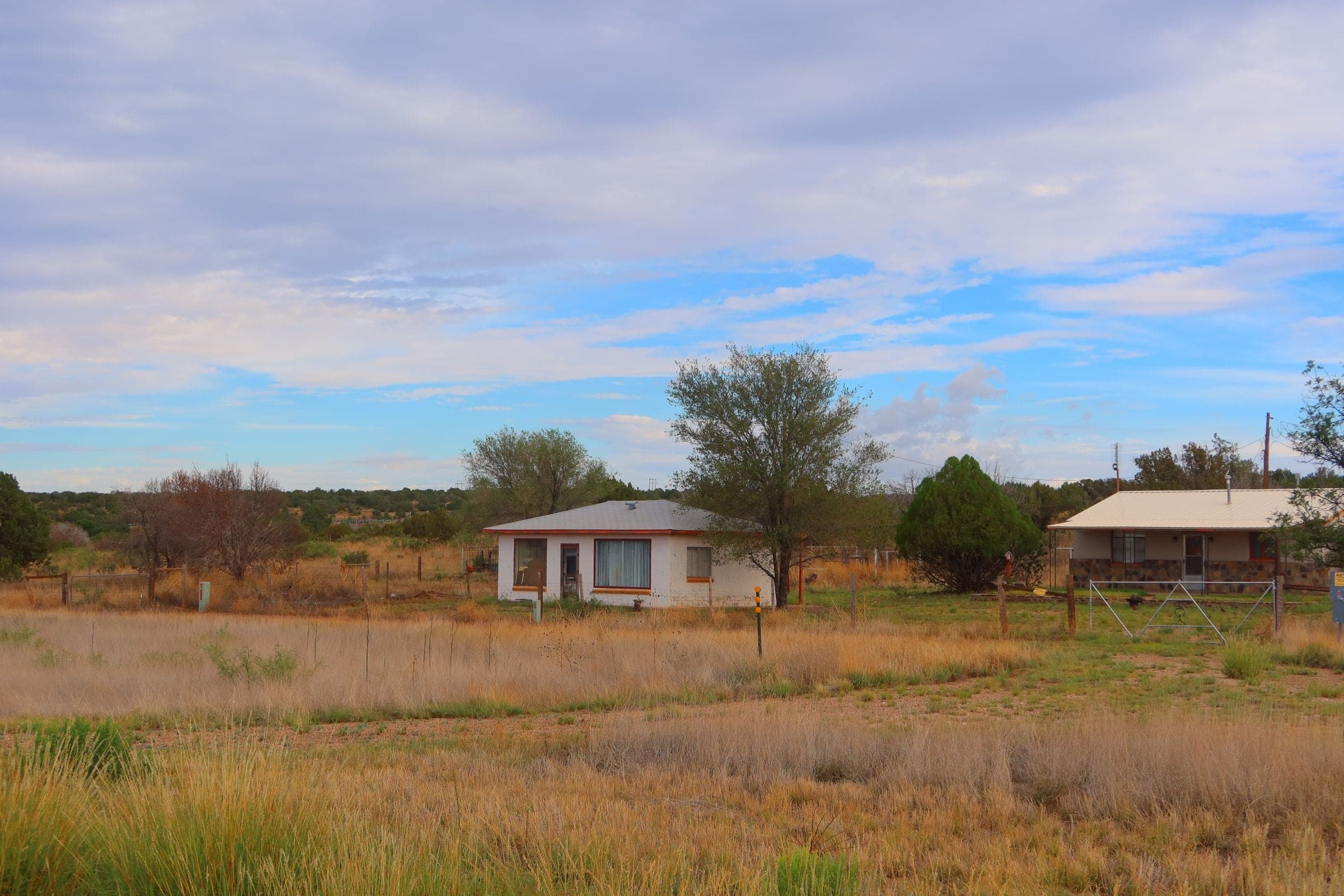 Rural houses on open lots with fences and trees