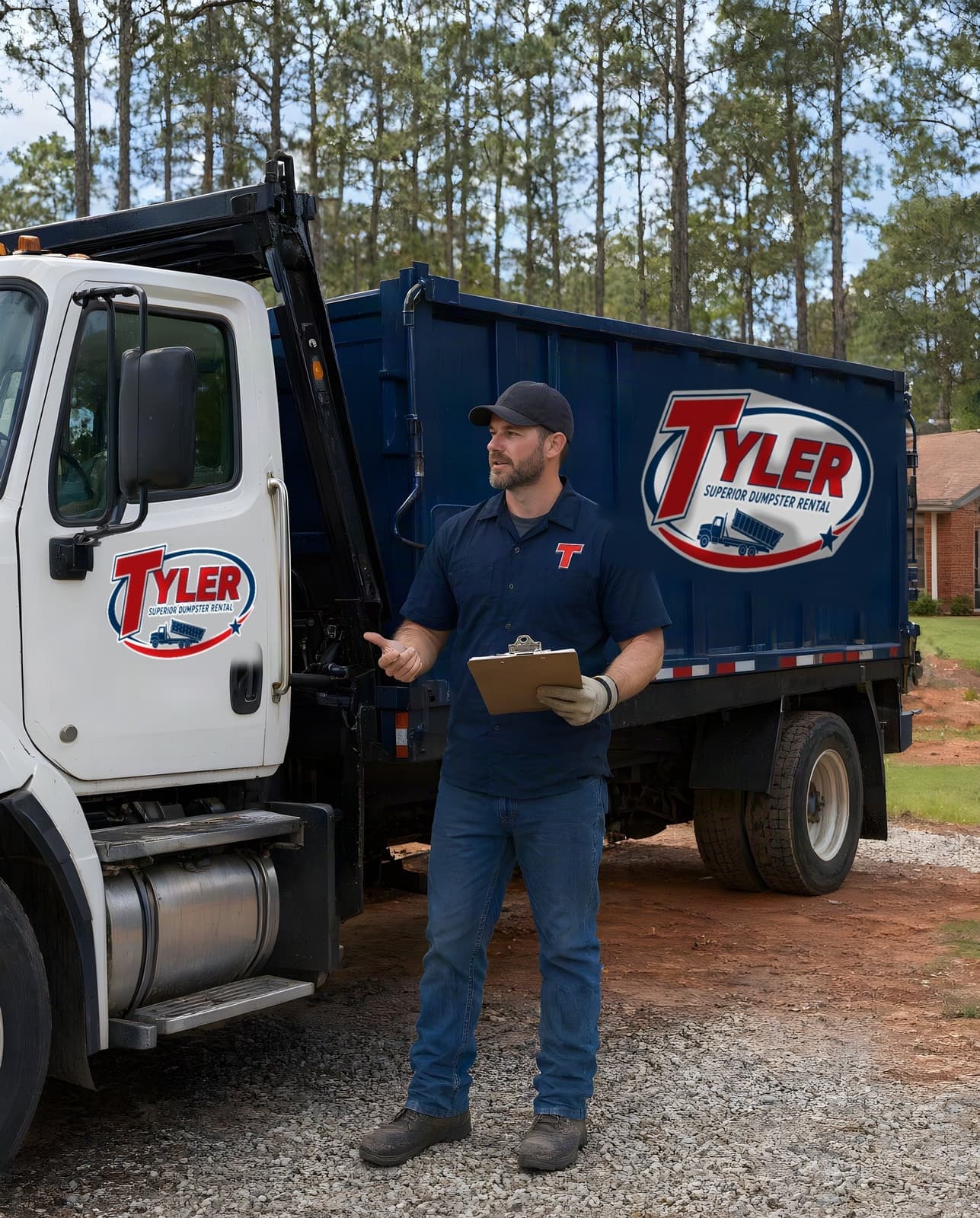 Owner in a navy work shirt with a clipboard beside his white roll-off truck