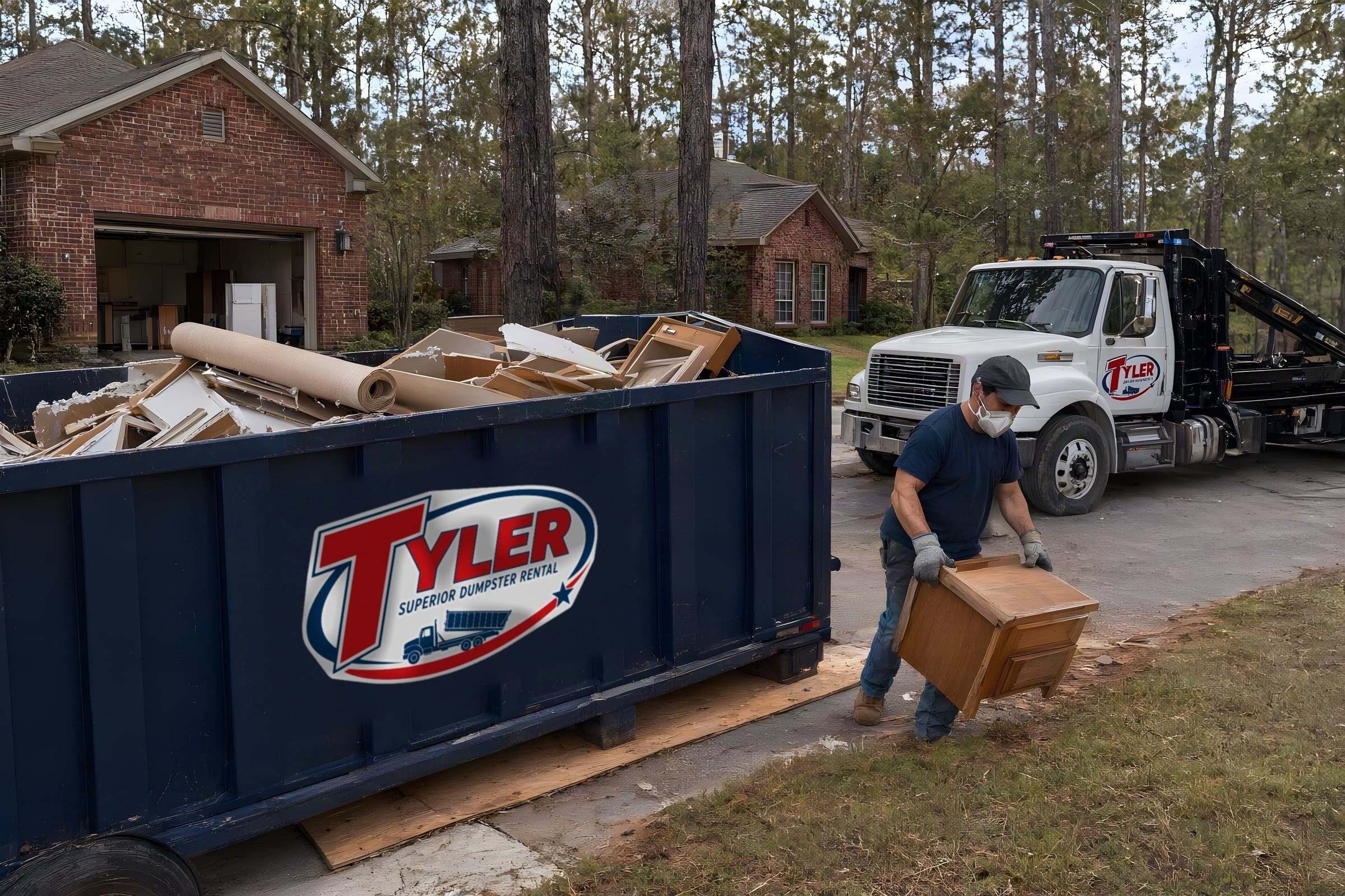 Worker carrying an old kitchen cabinet to a navy 20 yard dumpster full of drywall