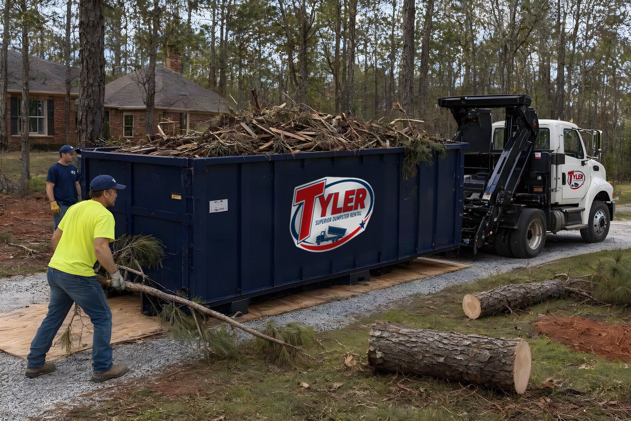 Yard waste dumpster in Tyler: a navy 30 yard heaped with pine limbs as a worker drags in one more